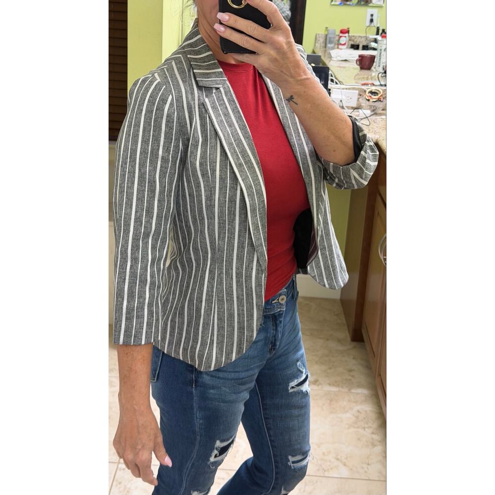 Allegra K S Casual Striped Blazer Lined Thin Gray White 3/4 Sleeve NWOT $34.99 - Picture 6 of 7